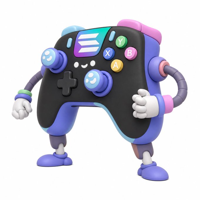 A 3D-rendered cartoon game controller character with a friendly face, white-gloved hands, and purple limbs stands cheerfully, featuring buttons labeled "X," "Y," "A," and "B." The colorful design aligns with the post's mention of a "special delivery" from Doodles, suggesting a playful, collectible toy aesthetic.