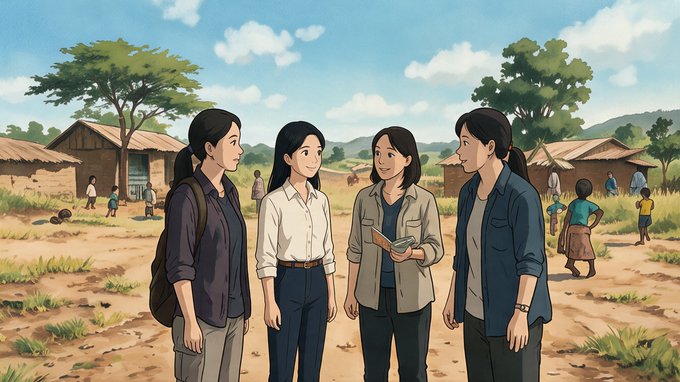 Four women stand together in a rural African village, engaged in conversation amid thatched-roof huts and open plains, with one holding a notebook—reflecting Helen and her team's dedicated charitable work for Binance Charity across the continent. The setting illustrates their on-the-ground efforts in advancing community projects throughout Africa.