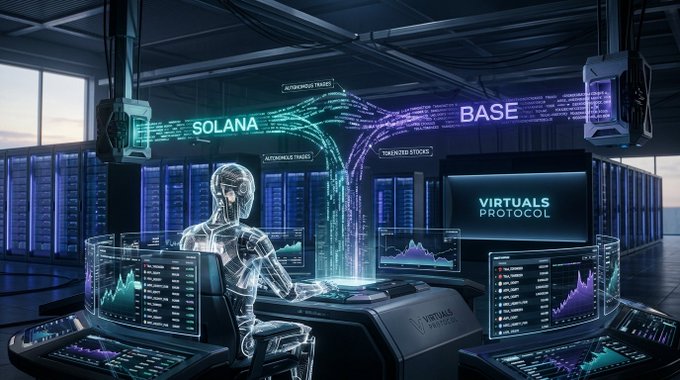 A futuristic trading station displays 'VIRTUALS PROTOCOL' on a monitor, with holographic text showing 'SOLANA', 'BASE', 'AUTOMOBILE TRADES', and 'TOKENIZED STOCKS' above a robotic figure.