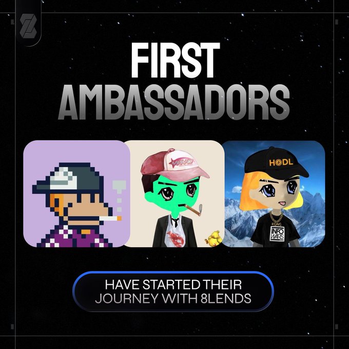 The image showcases "First Ambassadors" with three cartoon avatars—including a pixelated character smoking, a green-skinned figure in a red cap, and a blonde cartoon in a "HODL" cap—under the banner "HAVE STARTED THEIR JOURNEY WITH 8LENDS," promoting the APAC Ambassadors program and its $9,000 airdrop prize pool.