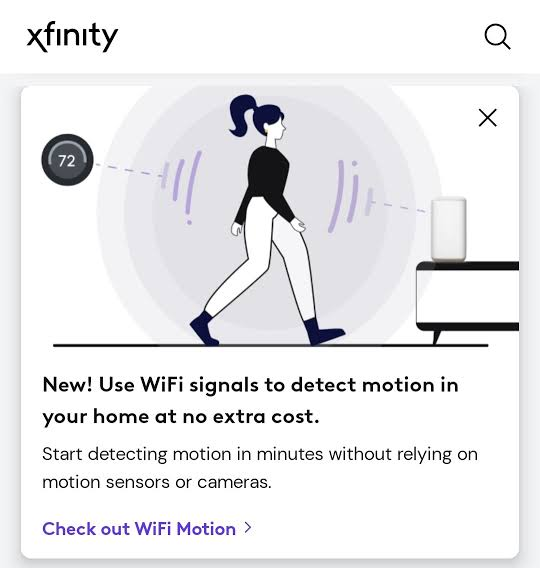 Xfinity promotional graphic showing a woman walking past a WiFi router with signal waves, advertising 'WiFi Motion' to detect motion in your home at no extra cost.