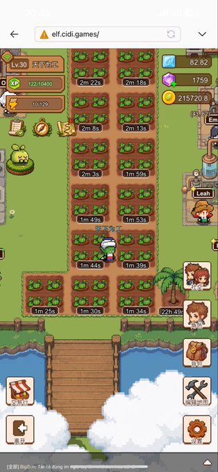 A screenshot of a mobile farm game showing a player at Level 30, with crops growing in a grid and various timers displayed, accessed via 'elf.cidi.games'.