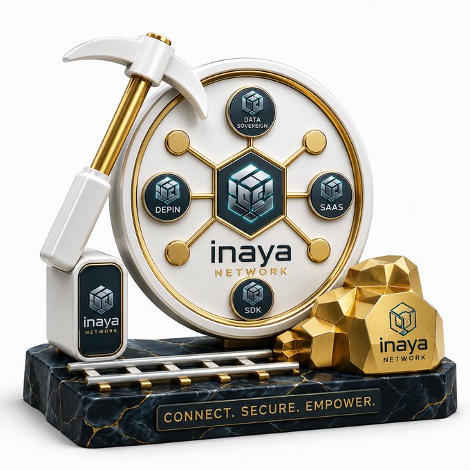 A 3D rendered promotional graphic for 'inaya Network' featuring a pickaxe, gold nuggets, and tech components with labels including 'DATA SOVEREIGN', 'DEPIN', 'SAAS', 'SDK', and the tagline 'CONNECT. SECURE. EMPOWER.'
