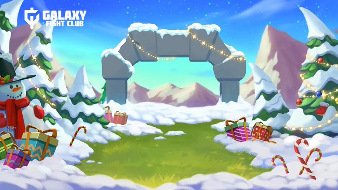 A festive winter scene from 'GALAXY FIGHT CLUB' features a stone archway covered in snow, surrounded by Christmas trees, gift boxes, candy canes, and a snowman.