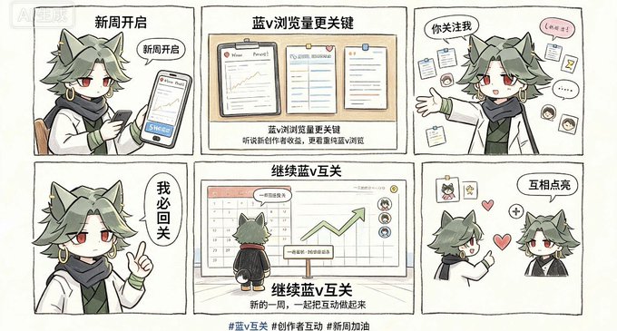 A six-panel comic featuring a green-haired wolf-like character encourages BlueV (蓝v) engagement, with text highlighting "新周开启" (New Week Start), "蓝v浏览量更关键" (BlueV views are more key), "继续蓝v互关" (Continue BlueV mutual follows), and "互相点亮" (Light each other up), directly illustrating the post's message about prioritizing BlueV views and mutual follows to boost creator earnings.