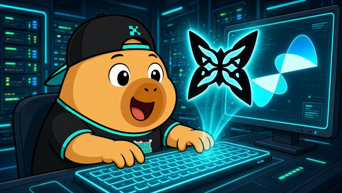 A cartoon pig character wearing a cap and shirt, working at a glowing keyboard with a butterfly icon and atomic logo floating above, set in a high-tech environment.