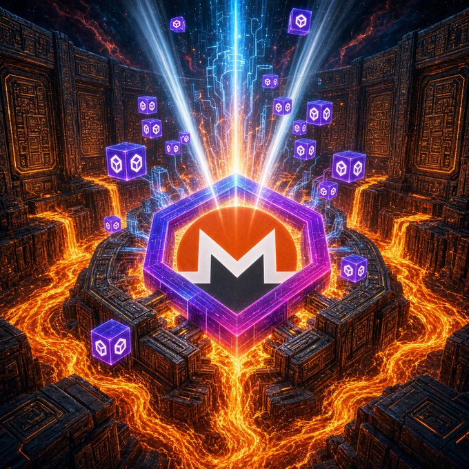 A digital artwork featuring the Monero (XMR) cryptocurrency logo prominently displayed in a futuristic, hexagonal shield shape, surrounded by floating crypto cubes, lava, and ancient tech-inspired architecture.