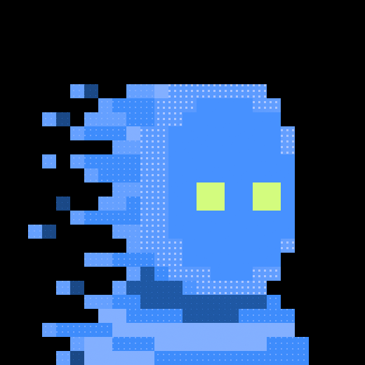 A pixel art illustration of a blue ghost-like character with glowing yellow eyes disintegrating into pixel fragments against a black background.