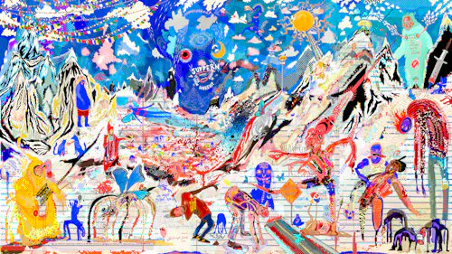 A vibrant, surreal digital painting filled with colorful figures, birds, and abstract creatures in a chaotic landscape, with "JOTUN FLOW" text near the central blue face. The post notes the artwork titled "Blue Morphine Butterfly Effect" by @computerblood was sold to @sendrock for 1.25 ETH ($1,968.60) on $RARE.