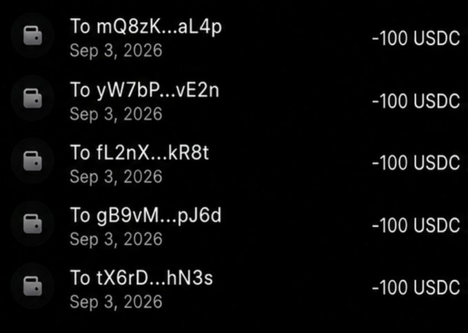 The image shows a wallet transaction history displaying five identical outgoing transfers of -100 USDC each, all dated Sep 3, 2026, sent to different truncated addresses (mQ8zK...aL4p, yW7bP...vE2n, fL2nX...kR8t, gB9vM...pJ6d, and tX6rD...hN3s). The accompanying post promotes a deal where sending $100 USDC (now updated to $50 for 10 entries) in exchange for a repost, with the transactions serving as visual proof of payment to multiple users.