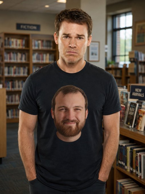 In this image, there is a man standing with his hands in his pockets and wearing a black t-shirt that features a headshot of another person. The background reveals a library filled with bookshelves containing various books. This man seems to be taking a photo or selfie for social media purposes, as he captures the unique feature on his shirt and poses next to the book-filled setting.