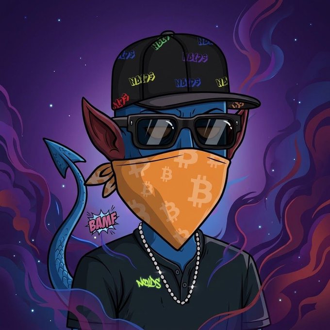 A cartoon blue goblin-like character wears a black cap, sunglasses, and an orange Bitcoin-patterned bandana, with "NFT" graphics on the cap and a chain necklace, set against a swirling purple cosmic background—fitting the "gm nfts" post with its bold NFT and crypto aesthetic.