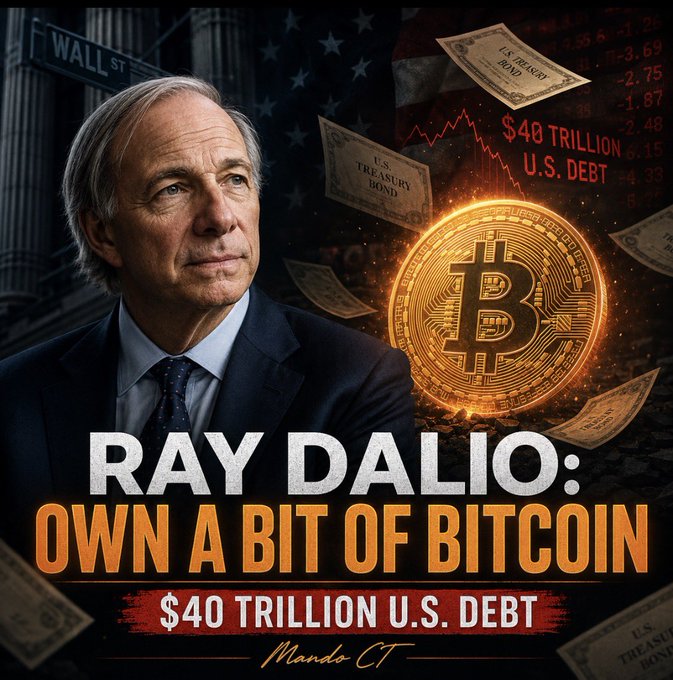 The image features a portrait of Ray Dalio alongside a glowing Bitcoin symbol, floating U.S. Treasury bonds, and the text "$40 TRILLION U.S. DEBT," visually reinforcing the post's message about Dalio's recommendation for investors to own Bitcoin as a hedge against mounting U.S. debt.