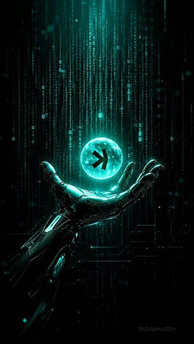 A digital art piece showing a robotic hand holding a glowing sphere with the X (formerly Twitter) logo, surrounded by falling green binary code, credited to @THEKASPALEEDY.