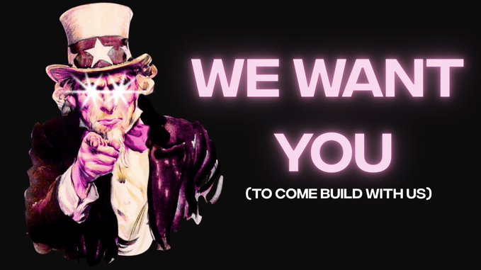 The image is a stylized, neon-tinted parody of the iconic "We Want You" Uncle Sam recruitment poster, featuring pink and purple hues with star-shaped glasses. The bold text reads **"WE WANT YOU (TO COME BUILD WITH US)"** — directly tying to the post's hiring call for an exceptional Product Designer, playfully echoing the patriotic recruitment vibe to recruit top talent.