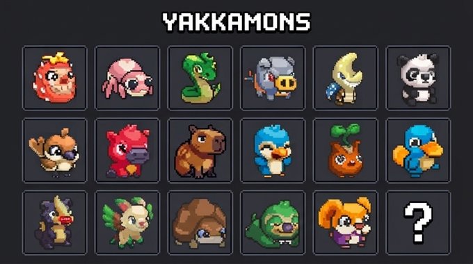 Pixel art character selection screen titled 'YAKKAMONS' featuring 17 colorful creature sprites arranged in a grid with one mystery slot marked by a question mark.