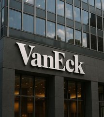 The VanEck logo displayed on the exterior of a modern glass office building, representing the investment firm behind a new report suggesting Bitcoin may be entering an accumulation phase.