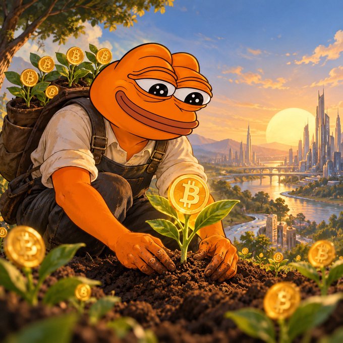 An illustrated Pepe the Frog character tending to a plant with a Bitcoin symbol, with additional Bitcoin coins growing in a backpack, set against a futuristic cityscape at sunset.