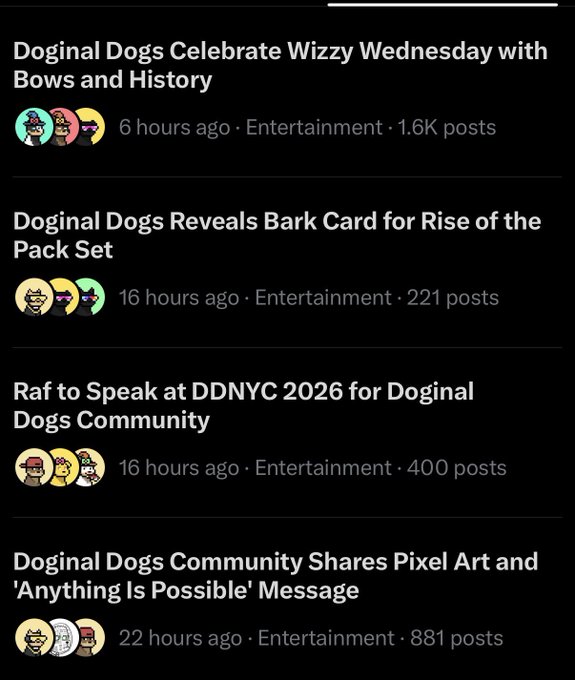 A mobile feed displays news articles about 'Doginal Dogs', including headlines like 'Doginal Dogs Celebrate Wizzy Wednesday with Bows and History' and 'Raf to Speak at DDNYC 2026 for Doginal Dogs Community'.