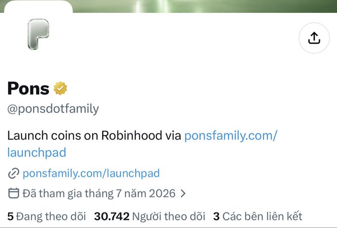 A profile page for the verified crypto project "Pons" (@ponsdotfamily) shows a "P" logo icon and promotes a token launchpad accessible via ponsfamily.com/launchpad, with 5 followed accounts, 30,742 followers, and 3 linked entities, aligning with the accompanying post's claim of strong platform metrics ($2.5B volume, 290K+ tokens launched) on RH Chain within one month of operation.