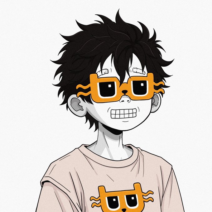 A stylized digital illustration of a young character with messy black hair, wearing orange pixel-style glasses and a matching orange 'Pudding Gun' t-shirt design, smiling with gritted teeth.