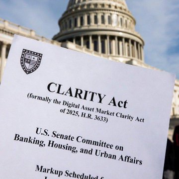 A document titled "CLARITY Act (formally the Digital Asset Market Clarity Act of 2025, H.R. 3633)" is shown in front of the U.S. Capitol building, referencing the Senate Banking Committee markup. The image visually reinforces the post's message about the CLARITY Act advancing toward a Senate vote for crypto regulatory clarity, a development of particular interest to XRP holders.