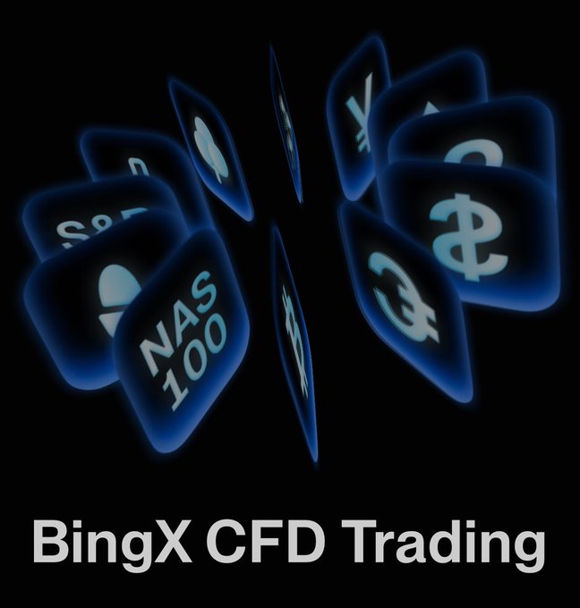 A BingX CFD Trading advertisement featuring stylized blue app icons displaying the NASDAQ 100 and Bitcoin (₿) ticker symbols alongside "BingX CFD Trading" text, illustrating the platform's ability to trade across both crypto and traditional financial assets from a single interface.