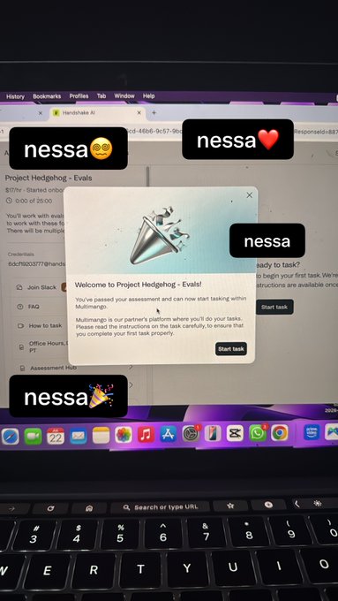 A laptop displays the "Project Hedgehog - Evals" website with a welcome popup confirming the user passed their assessment, with multiple "nessa" name tags decorating the screen, aligning with the post's claim of passing multiple assessments on Hedgehog and Evals.