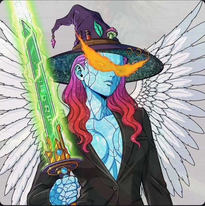 A fantasy character illustration featuring a figure with cracked blue skin, fiery orange eyes/eyebrows, a purple witch hat, white wings, and a glowing green sword with runes.