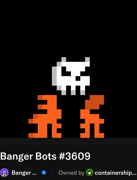 An NFT listing titled 'Banger Bots #3609' displays a pixel art character with a white skull-like head and orange body against a black background, owned by 'containership.'