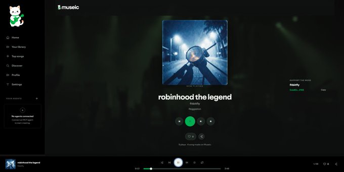 A Spotify (Musxic) web player interface displaying the song 'robinhoood the legend' by Freakffy from the 'Reggiatone' album with album art showing a person in the rain.
