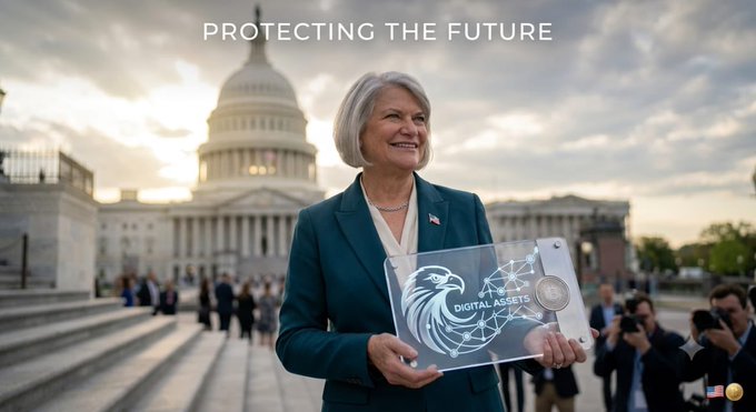 An image captioned 'PROTECTING THE FUTURE' showing a smiling gray-haired woman in a teal blazer holding a tablet displaying an eagle logo and 'DIGITAL ASSETS', standing in front of the U.S. Capitol building with photographers in the background.