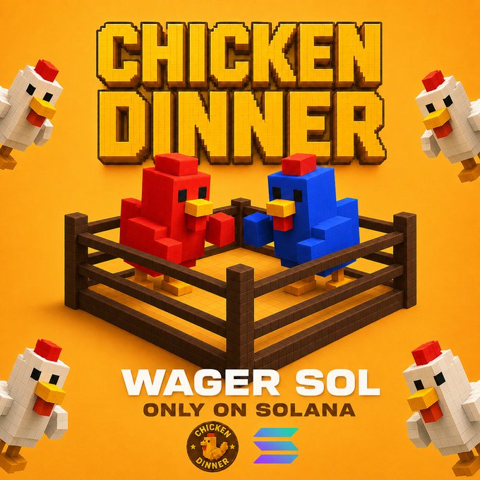The image features a poster advertising a Minecraft game called "Chicken Dinner". The poster includes two cartoon chickens, one red and one blue, standing inside a boxing ring with wooden walls. There are also several other cartoon chicken characters scattered around the poster. The text on the poster reads "Chicken Dinner" and "WAGERED LOBBIES ARE OFFICIALLY LIVE AND OPEN FOR BETA TESTING ON CHICKENDINGAME.xyz".