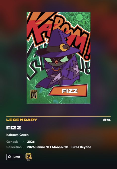 A digital trading card for a Legendary character named 'FIZZ' from 'Panini NFT Moonbirds - Birbs Beyond' is displayed against a green Kaboom background.
