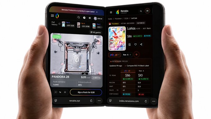 Hands hold a foldable smartphone displaying the Renaliss website, showing crypto/NFT listings including 'PANDORA 28' and 'Latias' with various pricing and stat metrics.