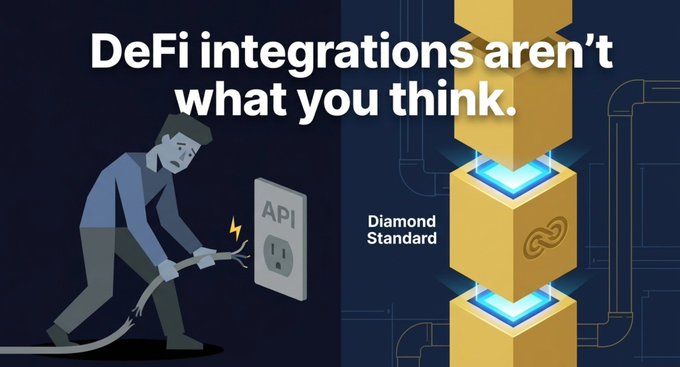 The image shows an illustration of a man trying to plug his phone into a socket. The background appears to be black, with only some yellow squares against that backdrop. In front of the yellow square, there is text indicating that DEFI Integrations aren't what you think and a reference to the Diamond Standard. There are two different types of plugs shown in the illustration - one being used by the man while the other is not connected. The man with an unconnected plug seems to be focused on troubleshooting the issue at hand, rather than simply plugging his phone in without any further action or thought process.