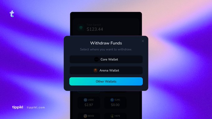 A screenshot from tippkl.com showing a "Withdraw Funds" modal with options for Core Wallet, Arena Wallet, and Other Wallets, displaying a total balance of $123.44 with assets like USDC, EURC, BEND, and HEFE.