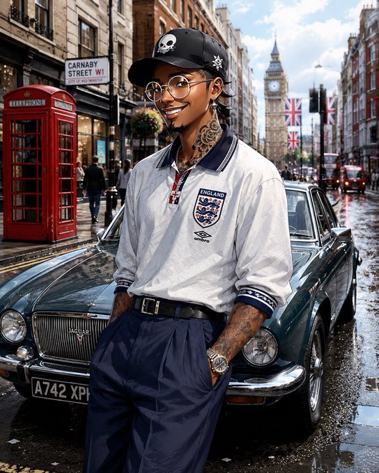 A stylized figure wearing an England Umbro jacket, sunglasses, and a skull cap, standing in front of a classic car on a London street with a red telephone booth and Big Ben visible in the background.