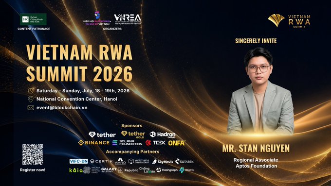 A promotional banner for the 'Vietnam RWA Summit 2026' held July 18-19, 2026, at the National Convention Center in Hanoi, featuring speaker Mr. Stan Nguyen from Regional Associate Aptos Foundation, with sponsors including Tether, Binance, Solana, and Hadron.