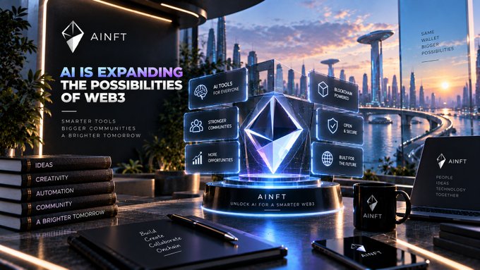 An AI-themed promotional graphic for 'AINFT' displaying the headline 'AI IS EXPANDING THE POSSIBILITIES OF WEB3' with a holographic Ethereum-style diamond in the center.