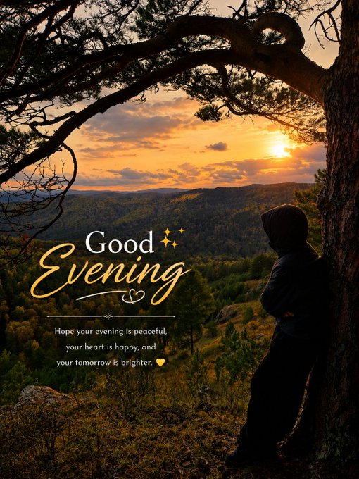 A sunset scene with a hooded figure standing under a large tree on a hill overlooking mountains, overlaid with the text 'Good Evening' and 'Hope your evening is peaceful, your heart is happy, and your tomorrow is brighter.'