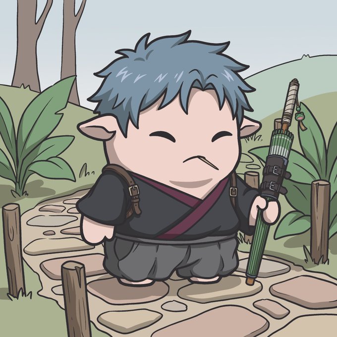 A chibi-style cartoon character with blue hair and pointed ears holding a green sheathed sword, standing on a stone path in a grassy outdoor setting.