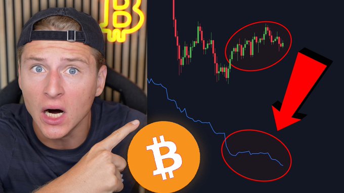 A surprised man points to a Bitcoin logo and a downward trending price chart, implying a warning about a potential Bitcoin crash. The image directly relates to the post's "MY BIGGEST #BITCOIN WARNING YET..." title.
