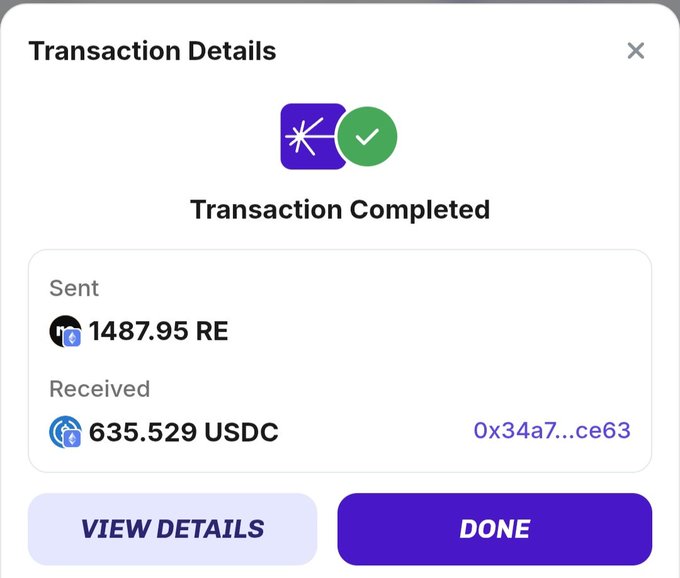 The image shows an account screen with transaction details displayed, including a transaction completed button that has been checked off. The text indicates that the transaction was sent successfully and received by the user. The account holder's name appears at the bottom of the screen, along with their balance information. The account holder is receiving tokens for their investment in the cryptocurrency market, which are currently valued at 150m re points. The post also mentions a team member who has completed the transaction, but it does not provide any additional details about this team member or their role within the project.
