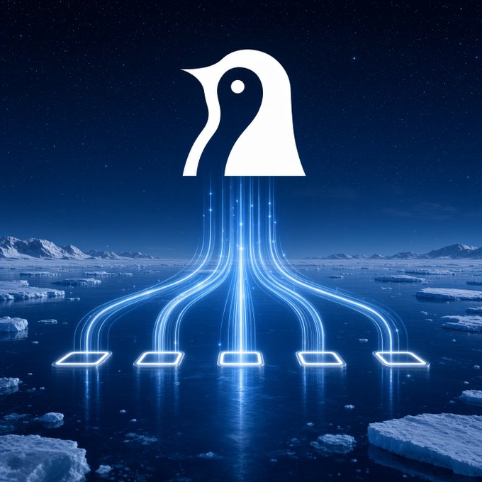A stylized digital artwork featuring the white Linux/Penguin logo floating in a starry night sky, emitting streams of blue light that connect to glowing platforms on an icy, arctic landscape below.