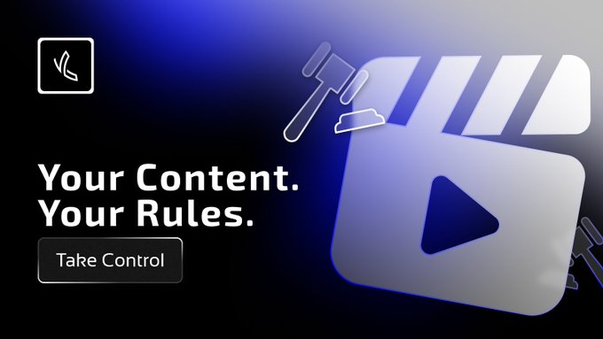 A promotional graphic featuring a clapperboard and play button icon with the text 'Your Content. Your Rules.' and a 'Take Control' button.