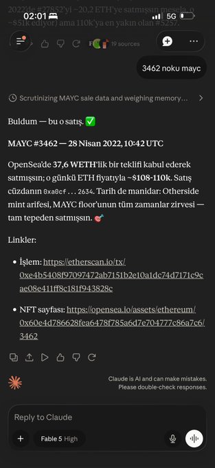 The image shows a Claude AI conversation where the user claims to have sold MAYC #3462 on April 28, 2022 at 10:42 UTC for 37.6 WETH (~$108-110K), with Claude independently confirming the sale occurred at the top. The post highlights the irony of the user not mentioning the sale to Claude, only for the AI to deduce and acknowledge the perfectly-timed transaction on its own.