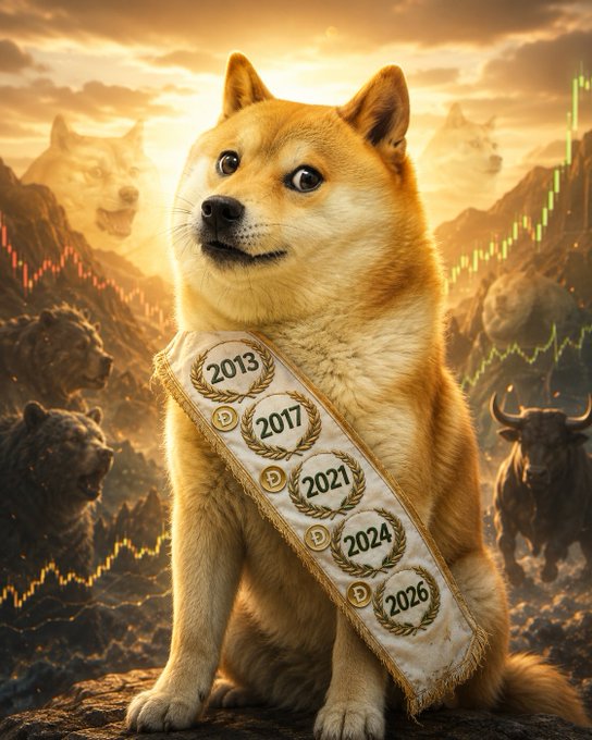 A proud Shiba Inu wearing a championship sash displaying the years 2013, 2017, 2021, 2024, and 2026 stands majestically amid glowing candlestick charts, roaring bears, and charging bulls—symbolizing the predicted cycle peaks that will carry $DOGE to a dollar.