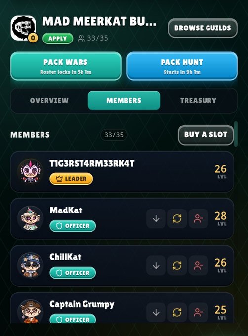 The image shows the members page of the "MAD MEERKAT BU..." guild, which has 33/35 members, including a leader with username T1G3RST4RM33RK4T (level 26), MadKat (level 28, Officer), ChillKat (level 26, Officer), and Captain Grumpy (level 25, Officer). This relates to the post by showcasing the guild's membership list, highlighting leader T1G3RST4R777 (T1G3RST4RM33RK4T) who is "leading us to glory" as the post states.