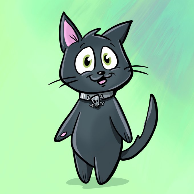 A cartoon illustration of a smiling dark gray cat with green eyes standing on two legs, wearing a white collar with a skull-and-crossbones pendant against a light green background.